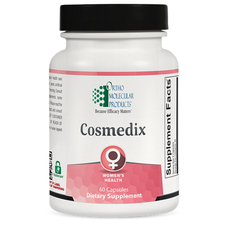 A bottle of OrthoMolecular Products Cosmedix dietary supplement, which is designed for women's health and contains 60 capsules.