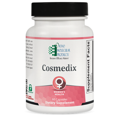 A bottle of OrthoMolecular Products Cosmedix dietary supplement, which is designed for women's health and contains 60 capsules.