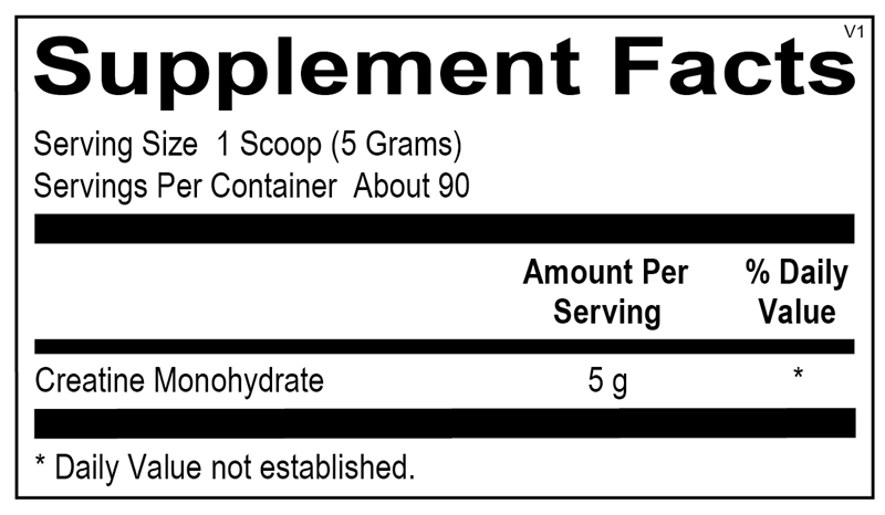 Supplement facts label for creatine monohydrate with serving size and container details.