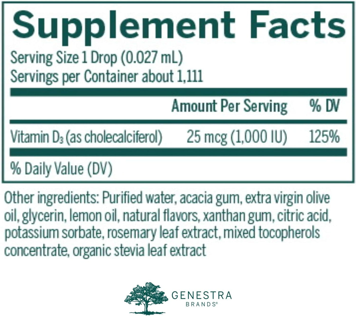 Supplement facts for a bottle of Genestra Brands D-Mulsion 1000 dietary supplement