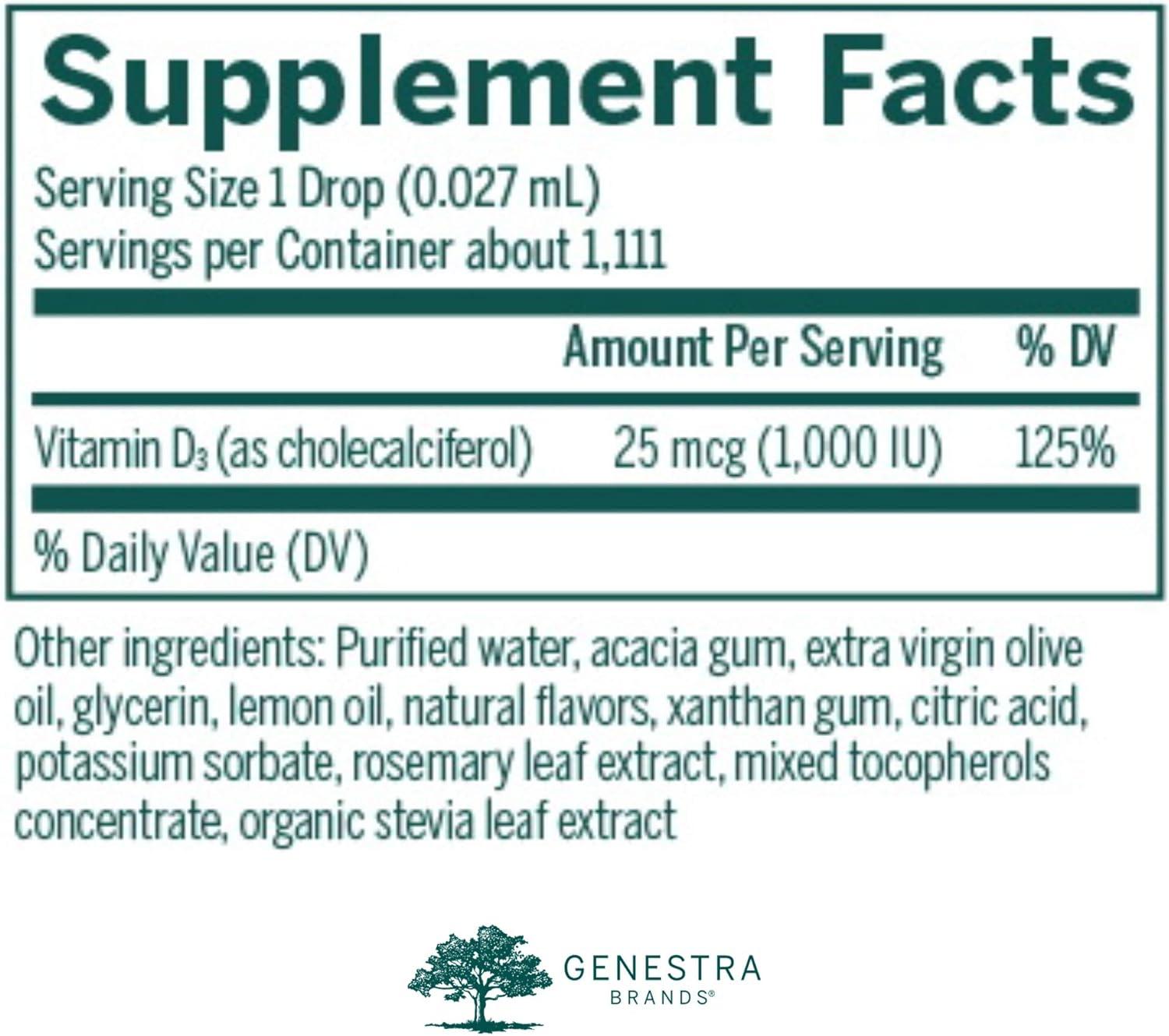Supplement facts for a bottle of Genestra Brands D-Mulsion 1000 dietary supplement