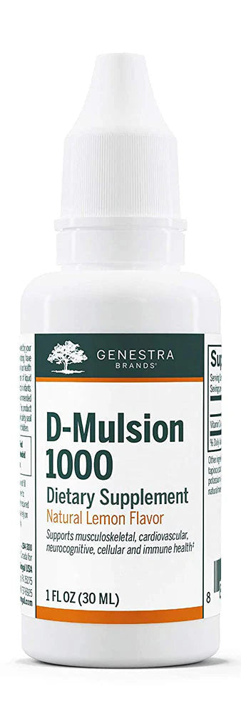 A bottle of Genestra Brands D-Mulsion 1000 dietary supplement with natural lemon flavor.