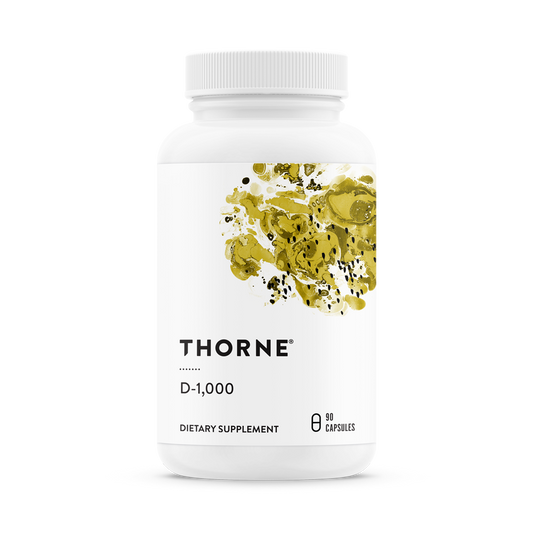 A bottle of Thorne Vitamin D-1,000 dietary supplement with white background and gold decorative elements on the label.