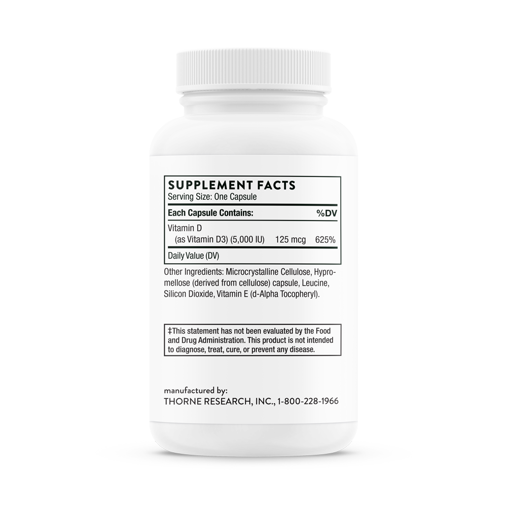 Supplement facts for a  bottle of Thorne Vitamin D-5000 dietary supplement 