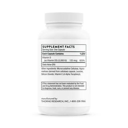 Supplement facts for a  bottle of Thorne Vitamin D-5000 dietary supplement 