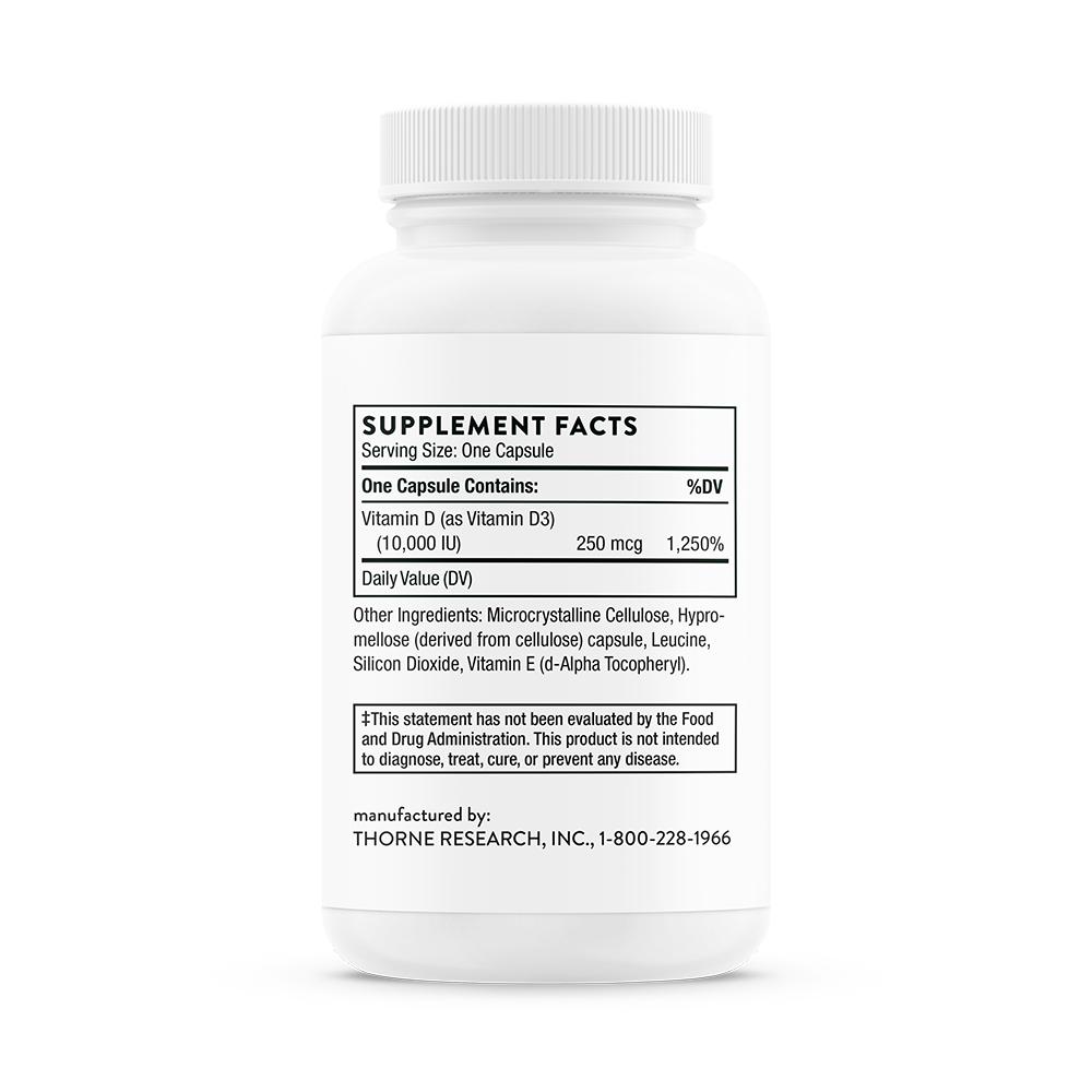 Supplement facts for a bottle of Thorne Vitamin D-10,000 dietary supplement 