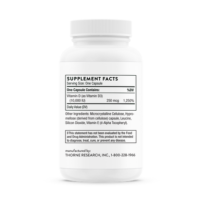 Supplement facts for a bottle of Thorne Vitamin D-10,000 dietary supplement 