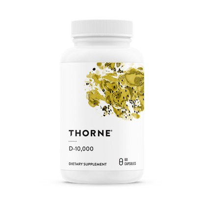 A bottle of Thorne Vitamin D-10,000 dietary supplement with 100 capsules, featuring a white label and yellow speckled design.