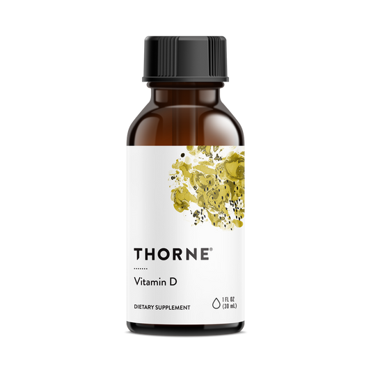 A bottle of Thorne Vitamin D Liquid supplement with a white label and yellow accents.