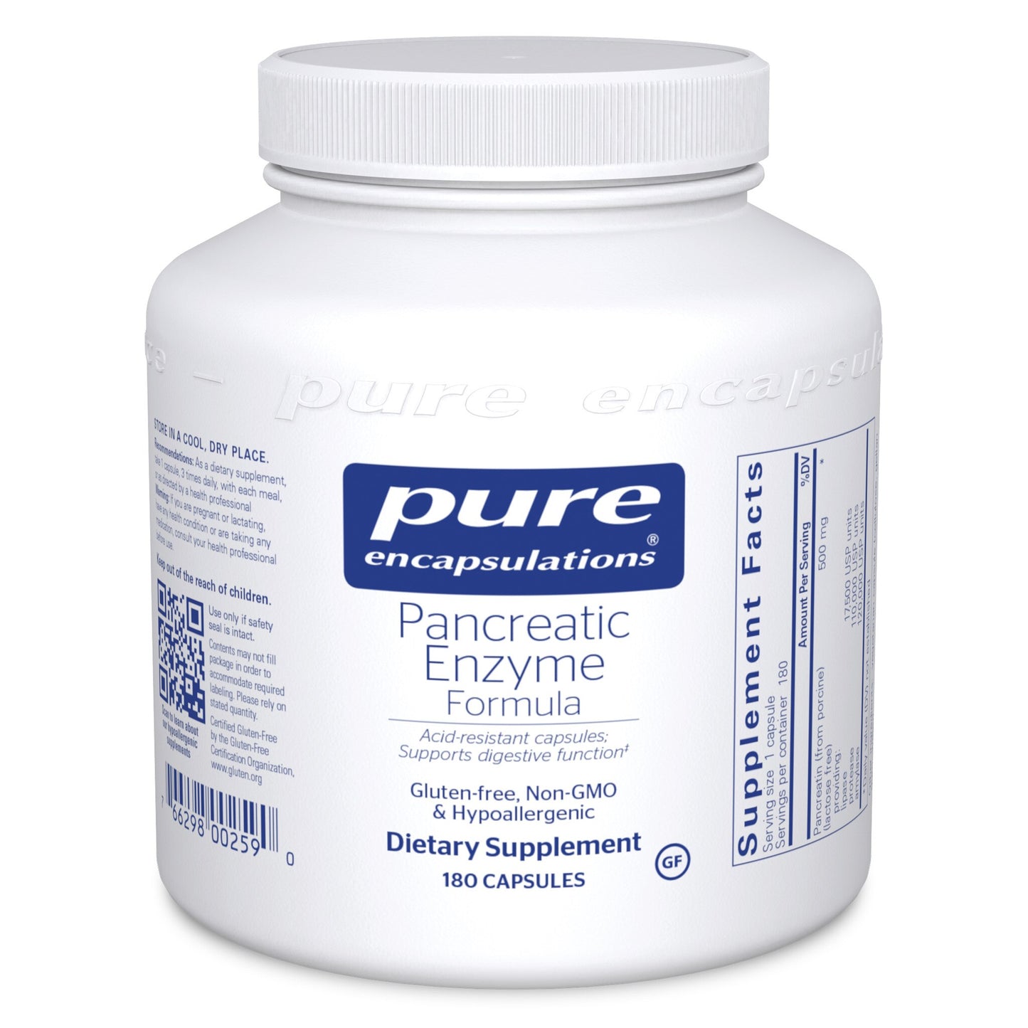 A bottle of Pure Encapsulations Pancreatic Enzyme Formula dietary supplement with 180 capsules.