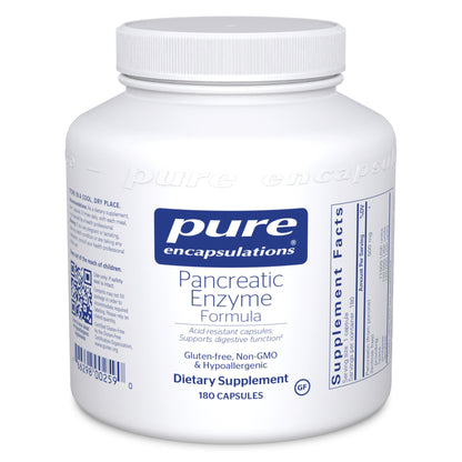 A bottle of Pure Encapsulations Pancreatic Enzyme Formula dietary supplement with 180 capsules.