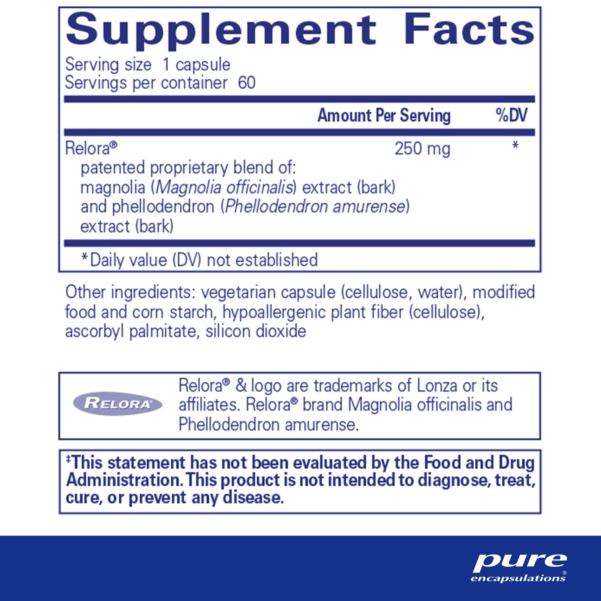 Supplement facts and ingredient information for a bottle of Pure Encapsulations Relora dietary supplement 