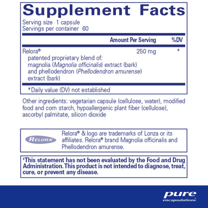 Supplement facts and ingredient information for a bottle of Pure Encapsulations Relora dietary supplement 