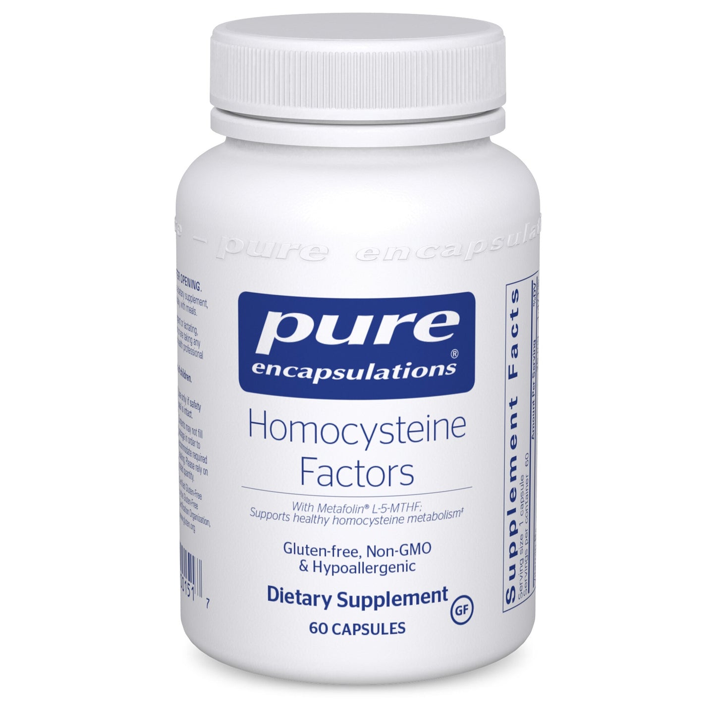 A white bottle with a blue label that reads 'Pure Encapsulations Homocysteine Factors' with additional text indicating gluten-free, non-GMO, hypoallergenic, and 60 capsules.