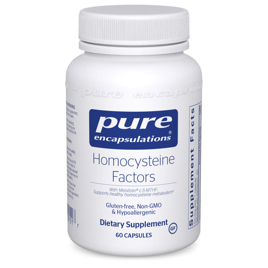 A white bottle with a blue label that reads 'Pure Encapsulations Homocysteine Factors' with additional text indicating gluten-free, non-GMO, hypoallergenic, and 60 capsules.