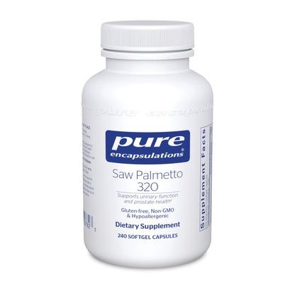 A bottle of Pure Encapsulations Saw Palmetto 320 dietary supplement with white labeling.