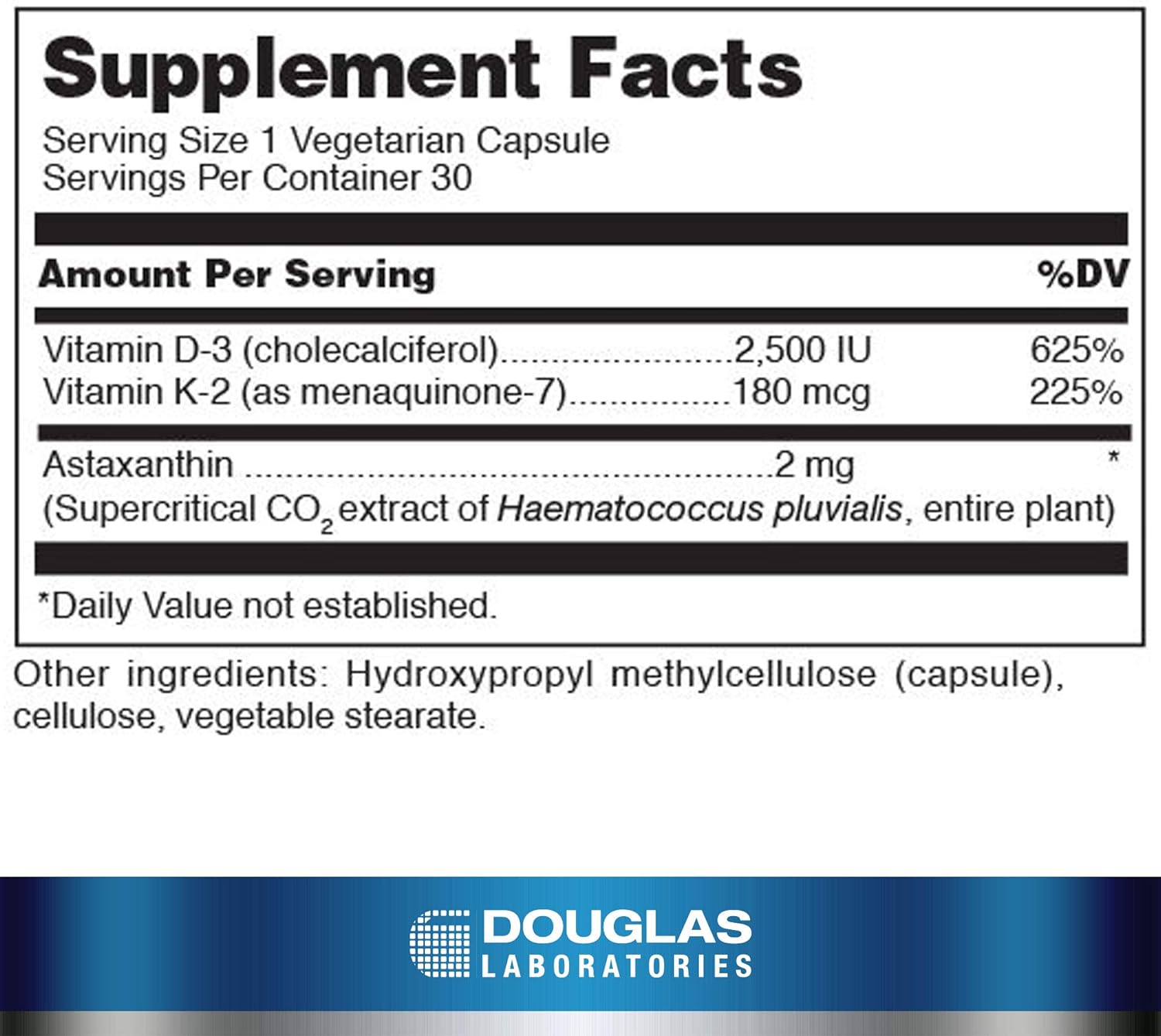 Supplement facts a bottle of Douglas Labs K2-D3 with Astaxanthin