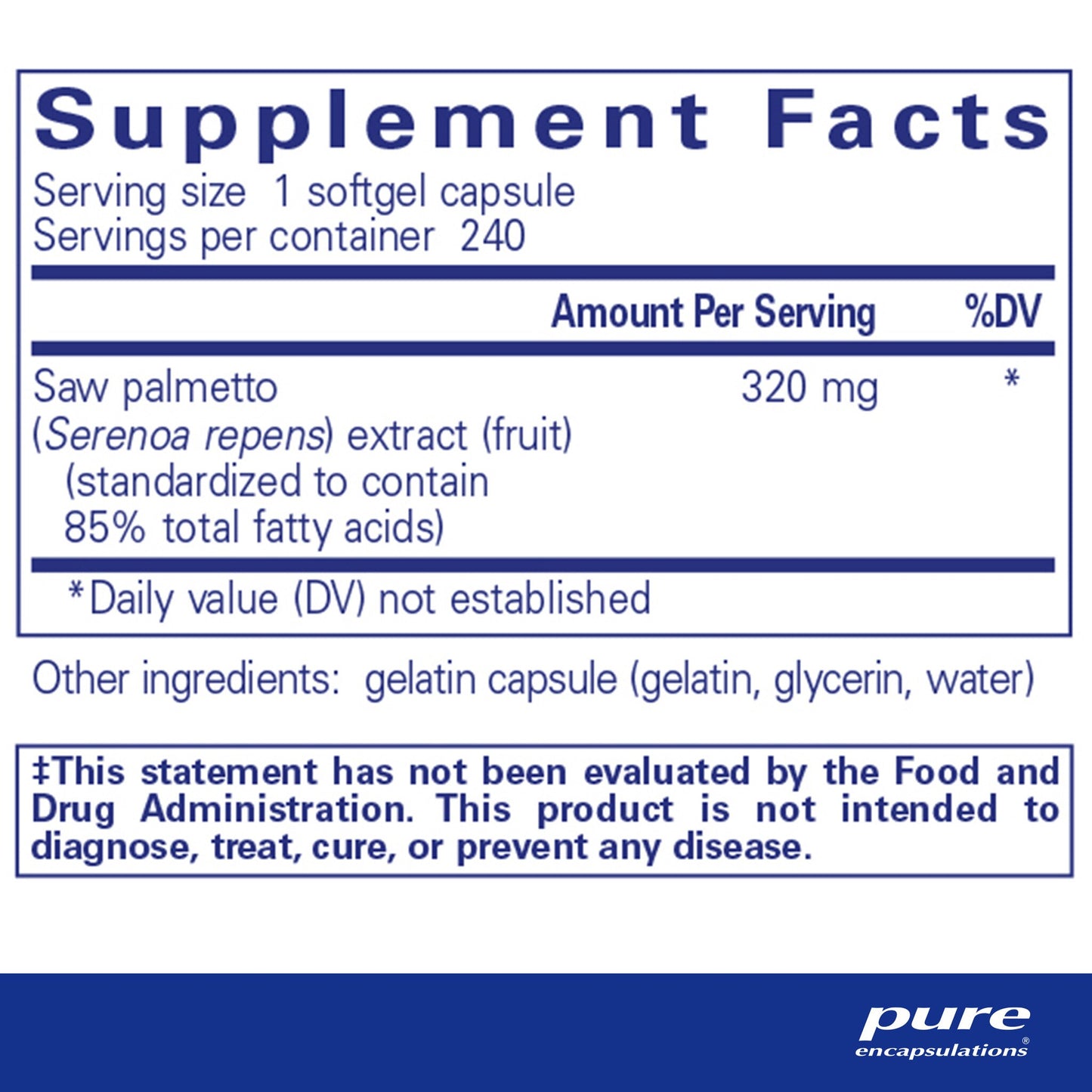 Supplement facts and ingreient information for a  bottle of Pure Encapsulations Saw Palmetto 320 dietary supplement 