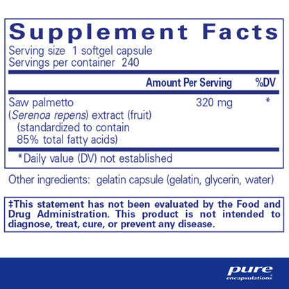 Supplement facts and ingreient information for a  bottle of Pure Encapsulations Saw Palmetto 320 dietary supplement 