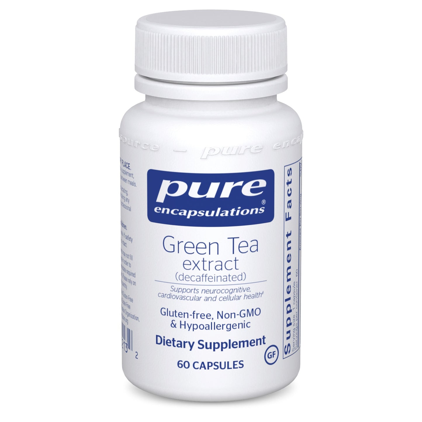 A bottle of Pure Encapsulations Green Tea Extract dietary supplement with 60 capsules. The label is white and blue, indicating it is gluten-free, non-GMO, and hypoallergenic.