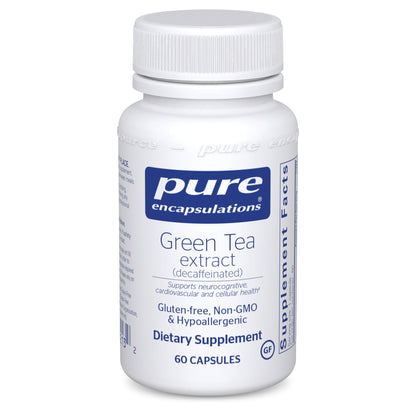 A bottle of Pure Encapsulations Green Tea Extract dietary supplement with 60 capsules. The label is white and blue, indicating it is gluten-free, non-GMO, and hypoallergenic.