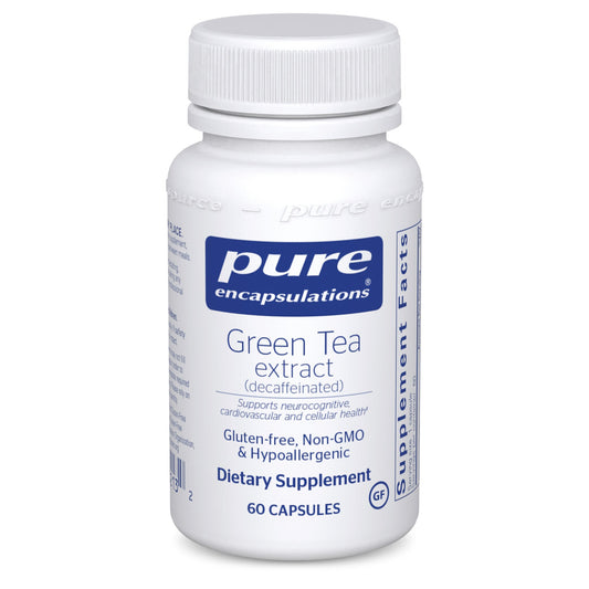 A bottle of Pure Encapsulations Green Tea Extract dietary supplement with 60 capsules. The label is white and blue, indicating it is gluten-free, non-GMO, and hypoallergenic.