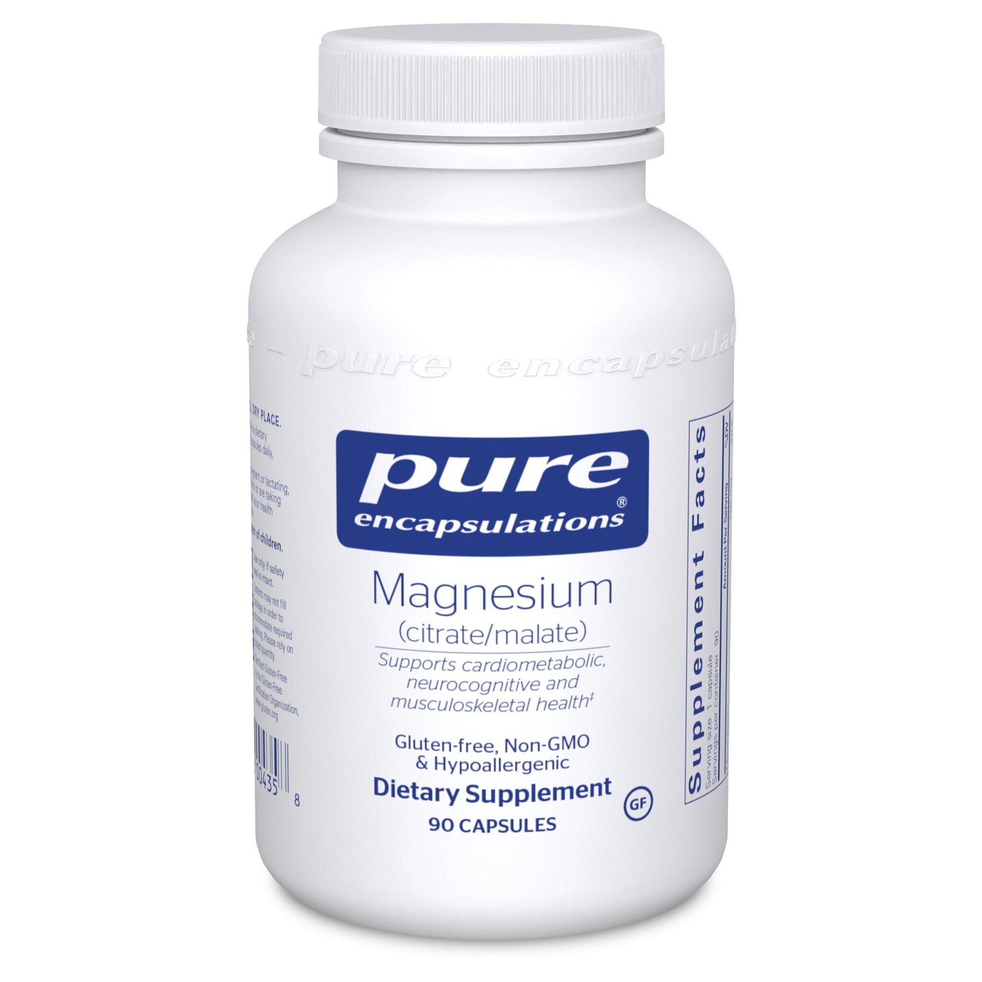 A bottle of Pure Encapsulations Magnesium (citrate/malate) capsules with 90 capsules inside. The bottle is white with a blue label that includes the brand name and product information.