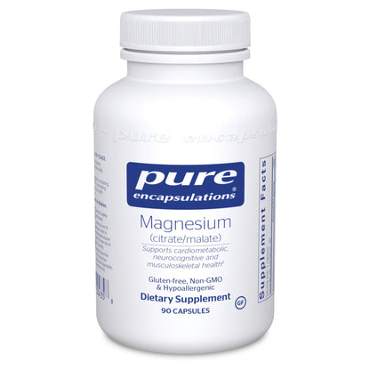A bottle of Pure Encapsulations Magnesium (citrate/malate) capsules with 90 capsules inside. The bottle is white with a blue label that includes the brand name and product information.