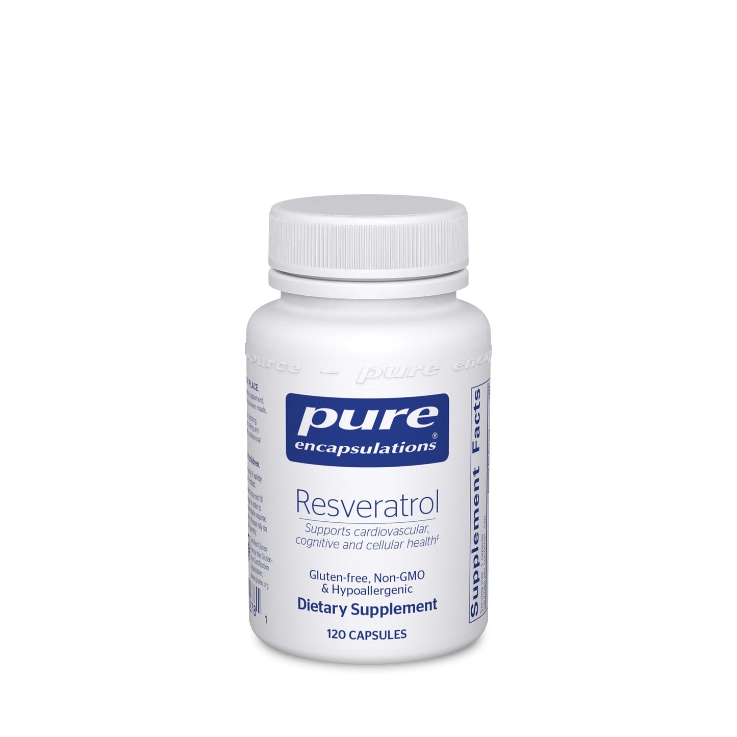 A bottle of Pure Encapsulations Resveratrol dietary supplement containing 120 capsules.
