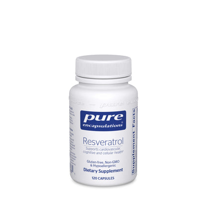 A bottle of Pure Encapsulations Resveratrol dietary supplement containing 120 capsules.