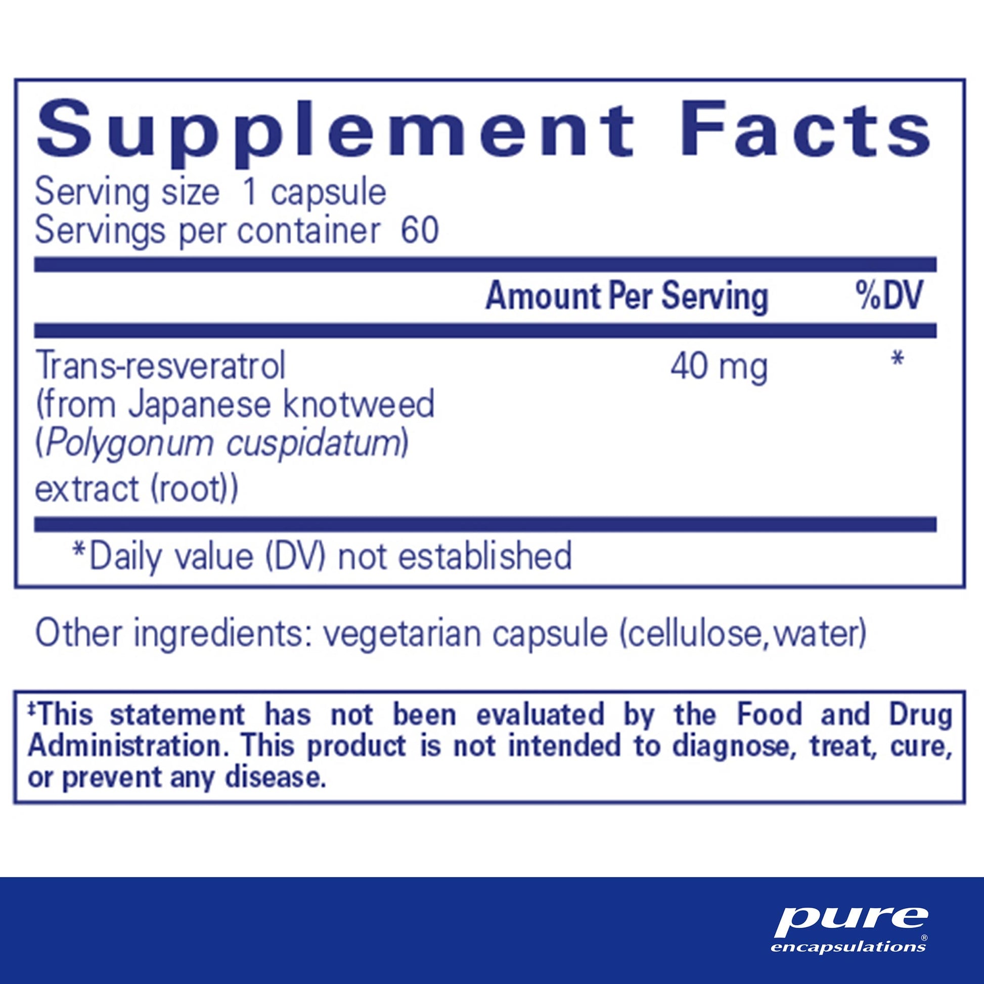 Supplement facts and ingredient information for a bottle of Pure Encapsulations Resveratrol dietary supplement 