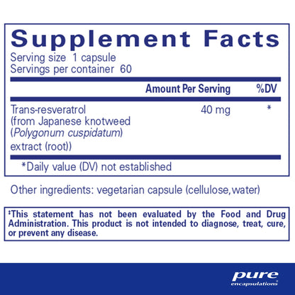 Supplement facts and ingredient information for a bottle of Pure Encapsulations Resveratrol dietary supplement 