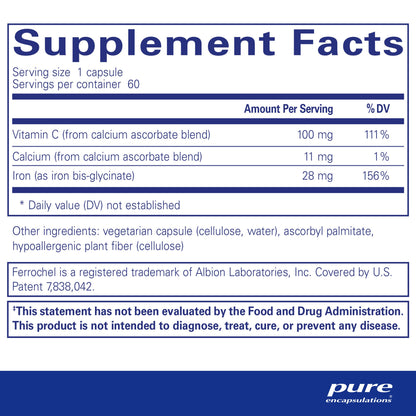 Supplement facts and ingredient information for a bottle of bottle of Pure Encapsulations OptiFerin-C dietary supplement 