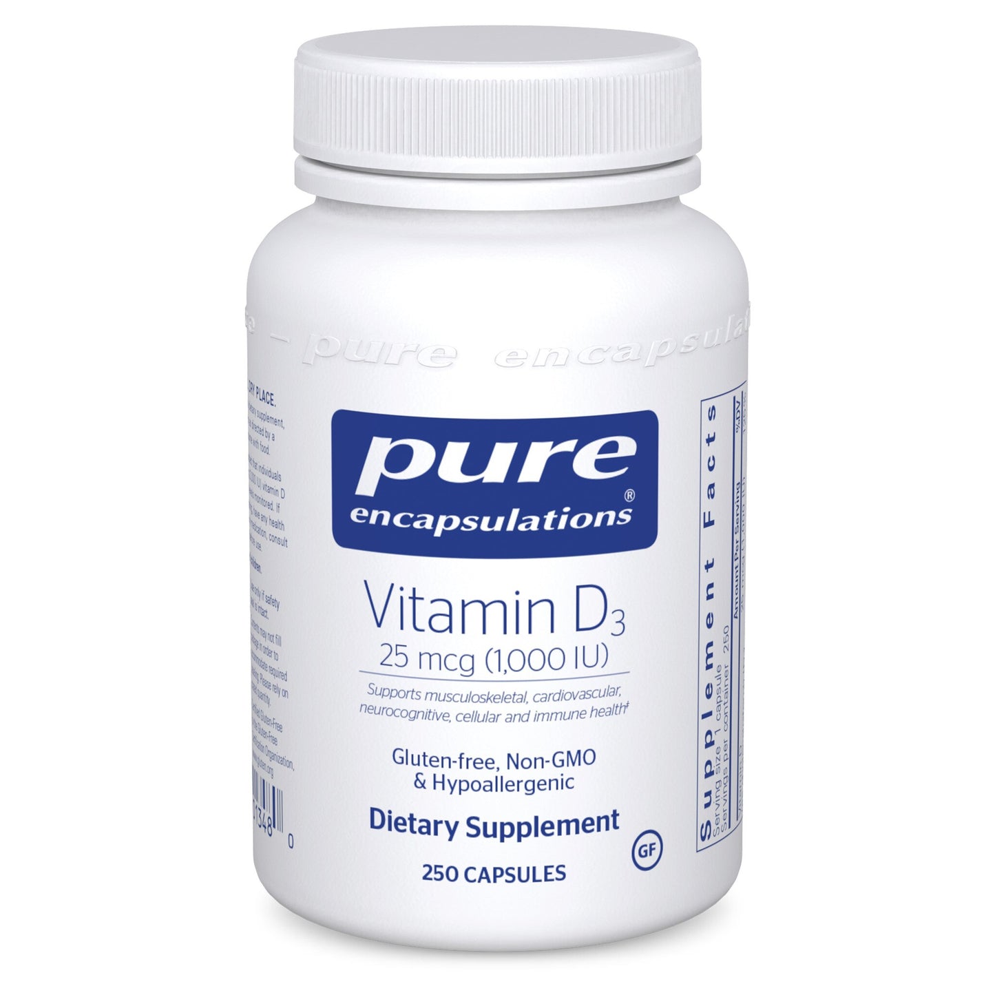 A bottle of Pure Encapsulations Vitamin D3 25 mcg (1,000 IU) capsules with 250 capsules inside.