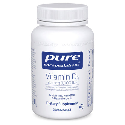 A bottle of Pure Encapsulations Vitamin D3 25 mcg (1,000 IU) capsules with 250 capsules inside.