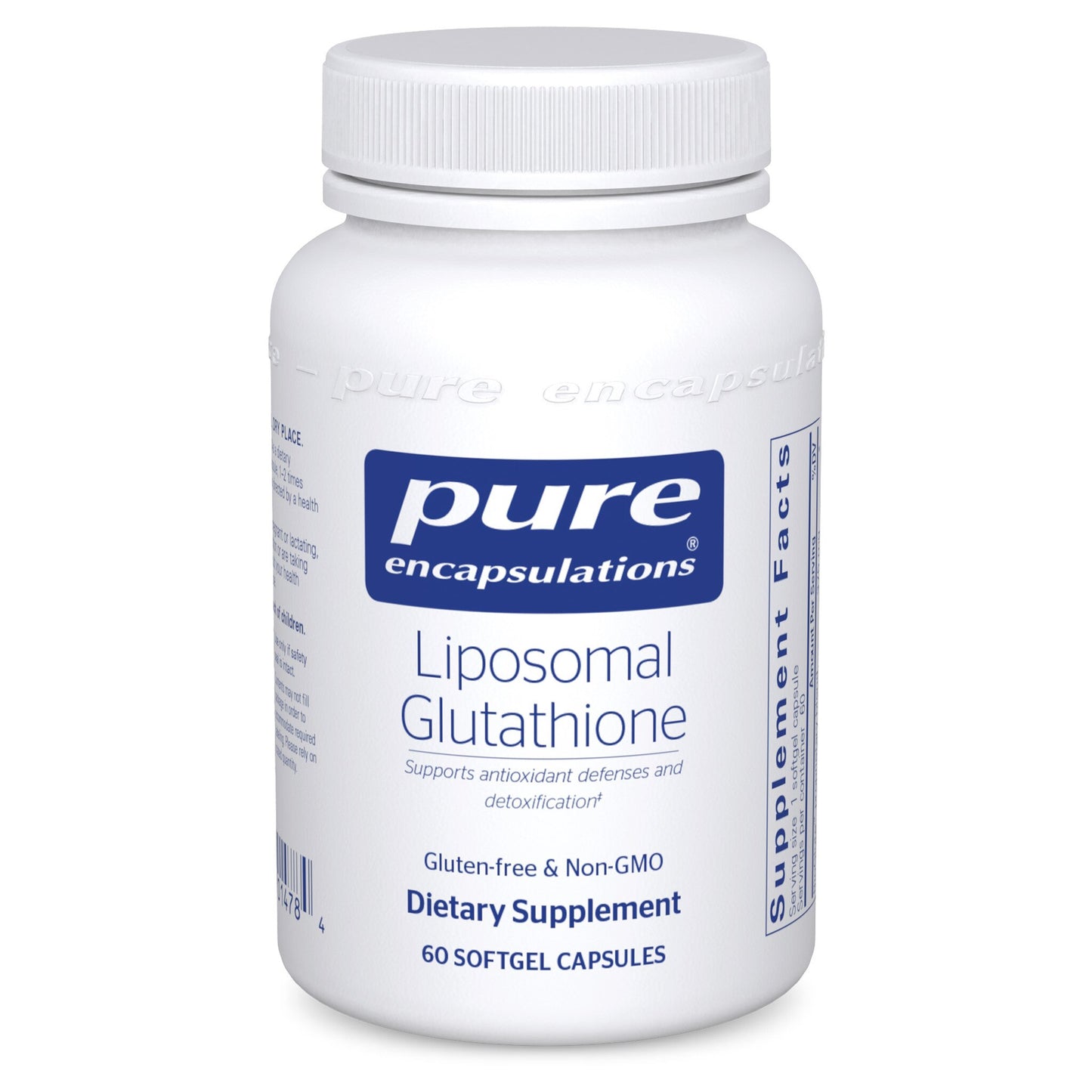 A bottle of Pure Encapsulations Liposomal Glutathione dietary supplement with 60 softgel capsules, marked as gluten-free and non-GMO.