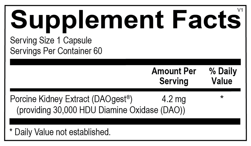 Supplement facts label for a bottle of OrthMolecular DAO Enzyme.