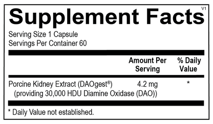 Supplement facts label for a bottle of OrthMolecular DAO Enzyme.