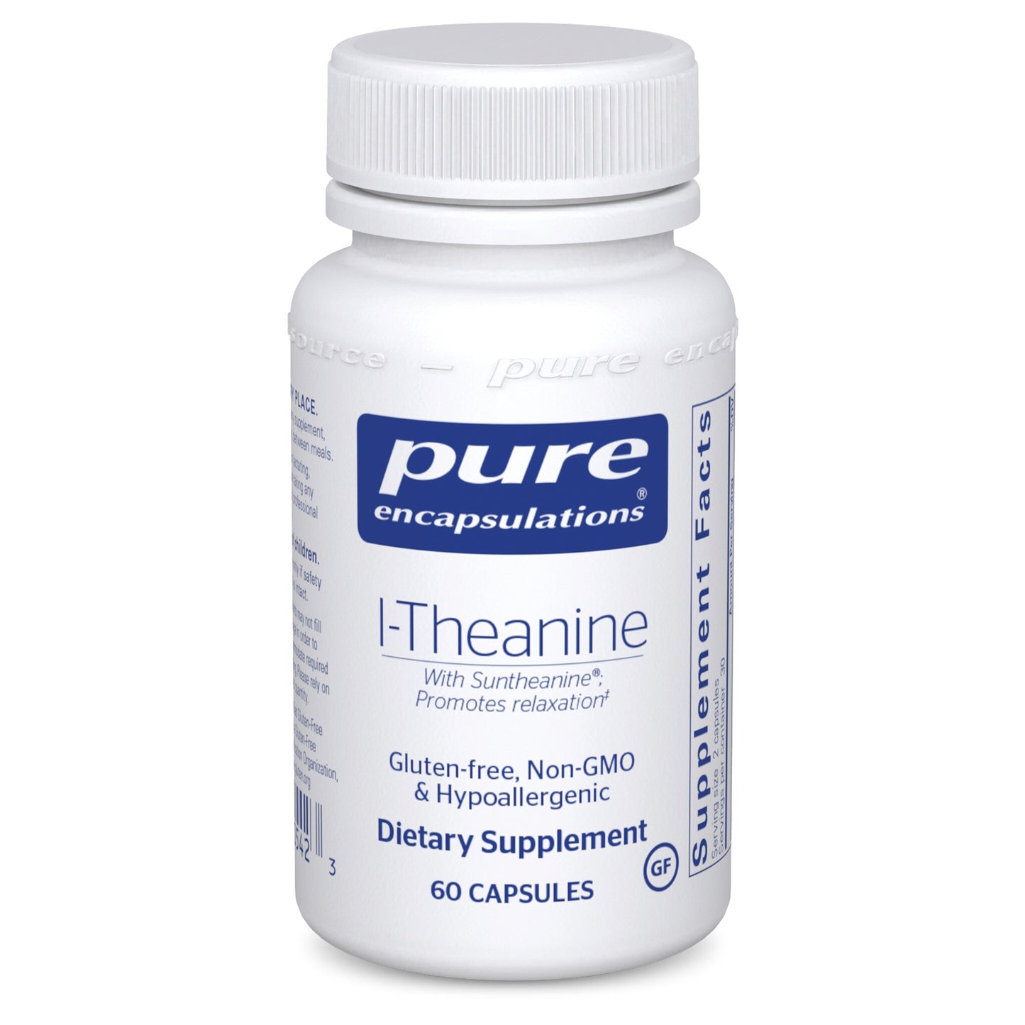 A bottle of Pure Encapsulations l-Theanine dietary supplement with 60 capsules, labeled for promoting relaxation and healthy mood.