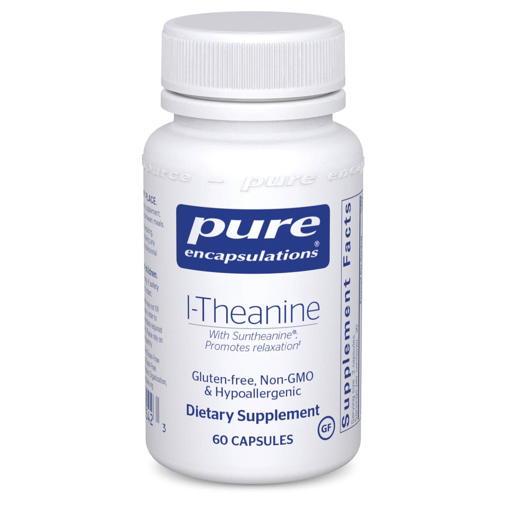A bottle of Pure Encapsulations l-Theanine dietary supplement with 60 capsules, labeled for promoting relaxation and healthy mood.