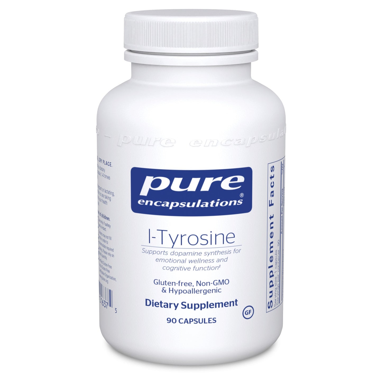A bottle of Pure Encapsulations l-Tyrosine dietary supplement containing 90 capsules.