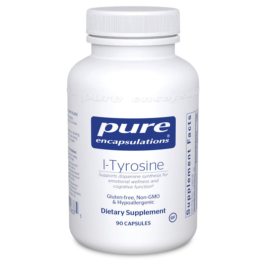 A bottle of Pure Encapsulations l-Tyrosine dietary supplement containing 90 capsules.