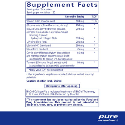 Supplment facts and ingredient information for a bottle of Pure Encapsulations Ligament Restore dietary supplement 