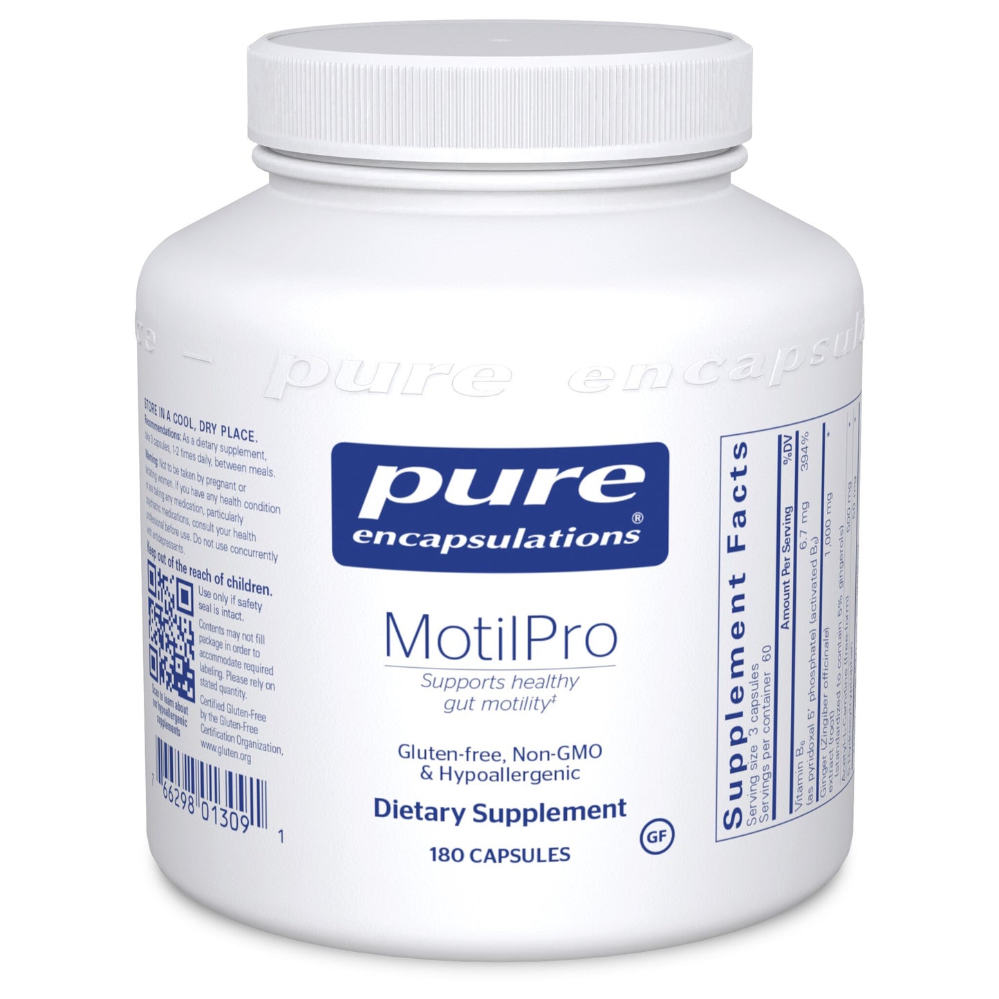 A white bottle of Pure Encapsulations MotilPro dietary supplement with blue and red label detailing the product name, purpose, and dosage information.