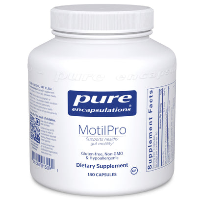 A white bottle of Pure Encapsulations MotilPro dietary supplement with blue and red label detailing the product name, purpose, and dosage information.