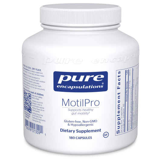 A white bottle of Pure Encapsulations MotilPro dietary supplement with blue and red label detailing the product name, purpose, and dosage information.