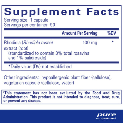 Supplement facts and ingredient information for a bottle of Pure Encapsulations Rhodiola Rosea dietary supplement