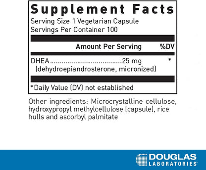 Supplement facts for a bottle of Douglas Labs DHEA 25 mg Micronized dietary supplement 
