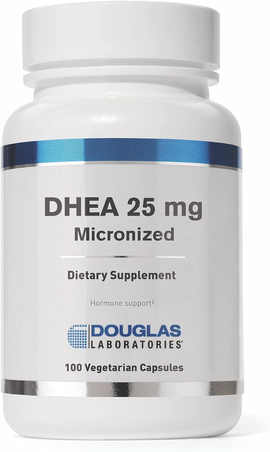 A bottle of Douglas Labs DHEA 25 mg Micronized dietary supplement containing 100 vegetarian capsules.