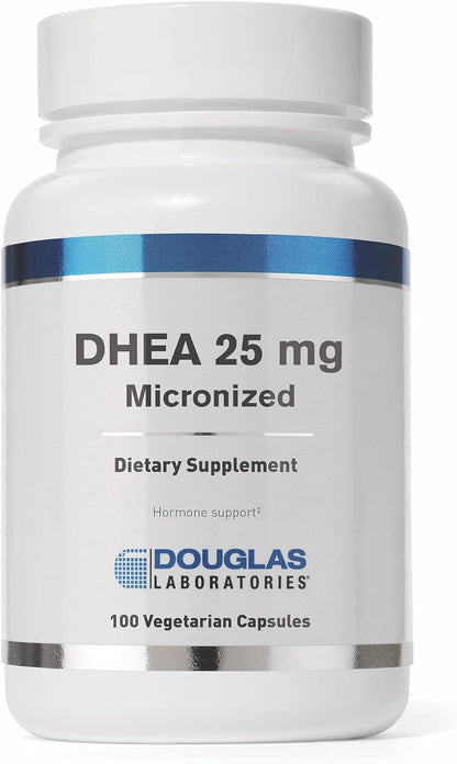 A bottle of Douglas Labs DHEA 25 mg Micronized dietary supplement containing 100 vegetarian capsules.